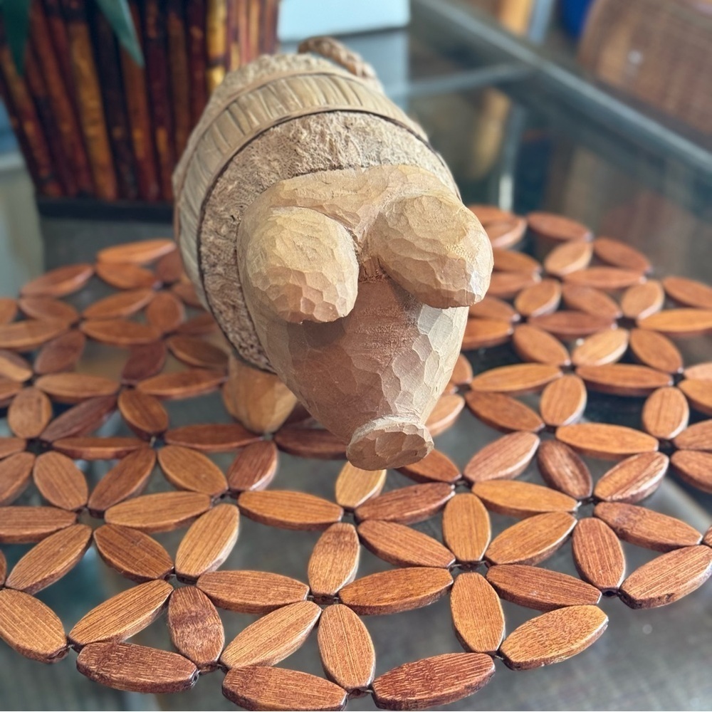 Vintage Hand Carved Wood Pig Sculpture – Rustic Natural Decor